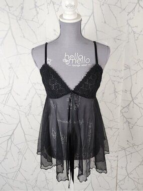 La Vie En Rose VTG Black Sheer Lace Mesh Strappy Babydoll Cami